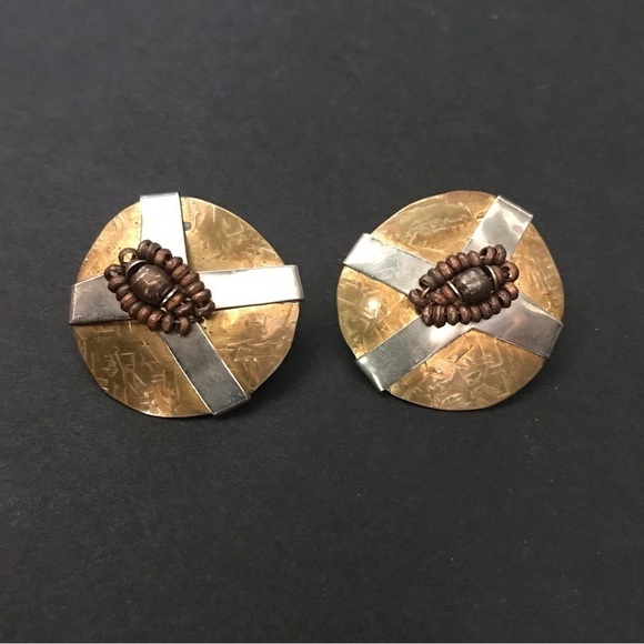 Circular Mixed Metal Earrings in Tones of Brass, Silver & Copper, Pierced Backs - Picture 1 of 5